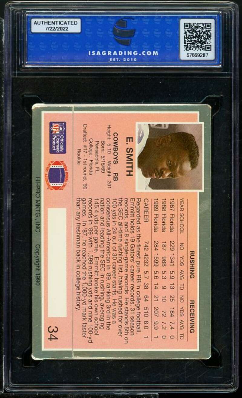 Emmitt Smith Rookie Card 1990 Action Packed Rookie Update #34 ISA 9 MINT Image 2