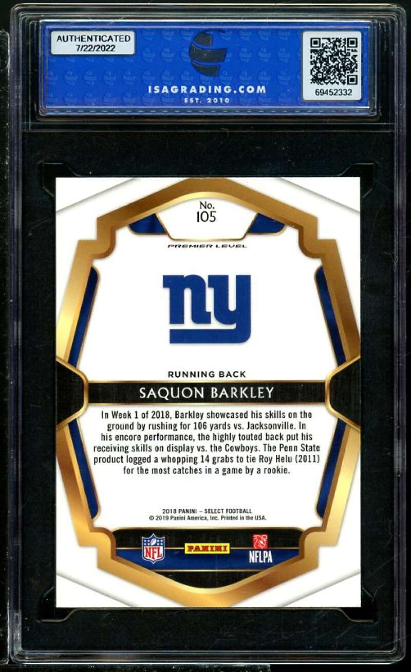 Saquon Barkley Rookie Card 2018 Panini Select #105 ISA 10 GEM MINT Image 2