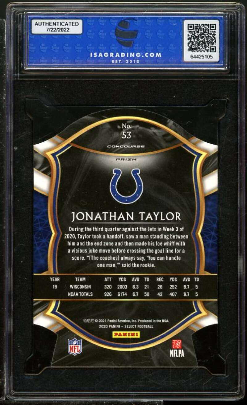 Jonathan Taylor Rookie Card 2020 Panini Select Die-Cut Prizm Blue #53 ISA 9 MINT Image 2