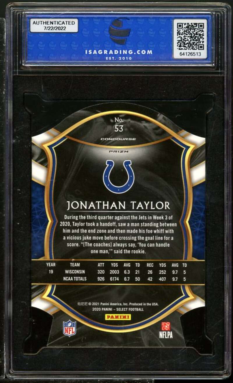 Jonathan Taylor Rookie 2020 Panini Select Maroon Die-Cut Prizm #53 ISA 10 GEM MT Image 2