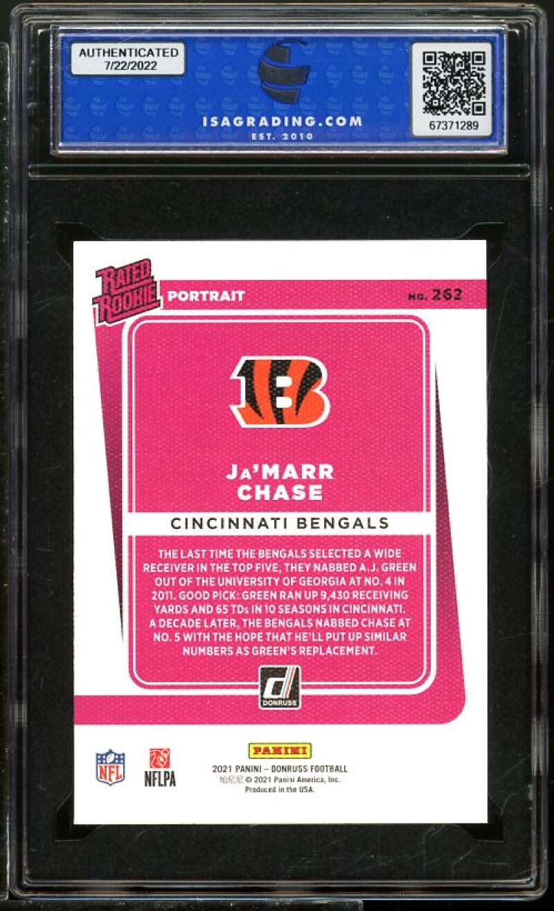 Ja'Marr Chase Rookie Card 2021 Panini Donruss Portrait #262 ISA 9 MINT Image 2