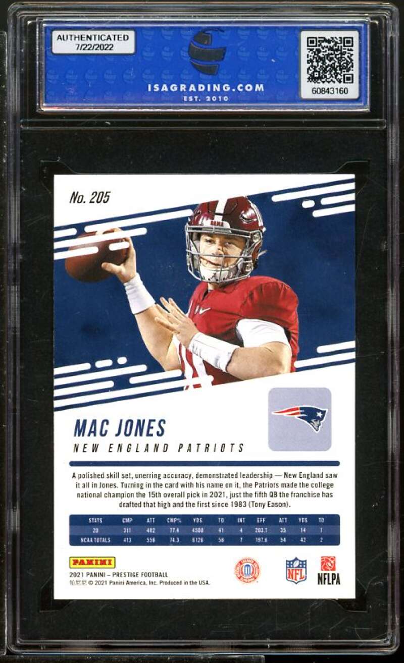 Mac Jones Rookie Card 2021 Panini Prestige #205 ISA 10 GEM MINT Image 2