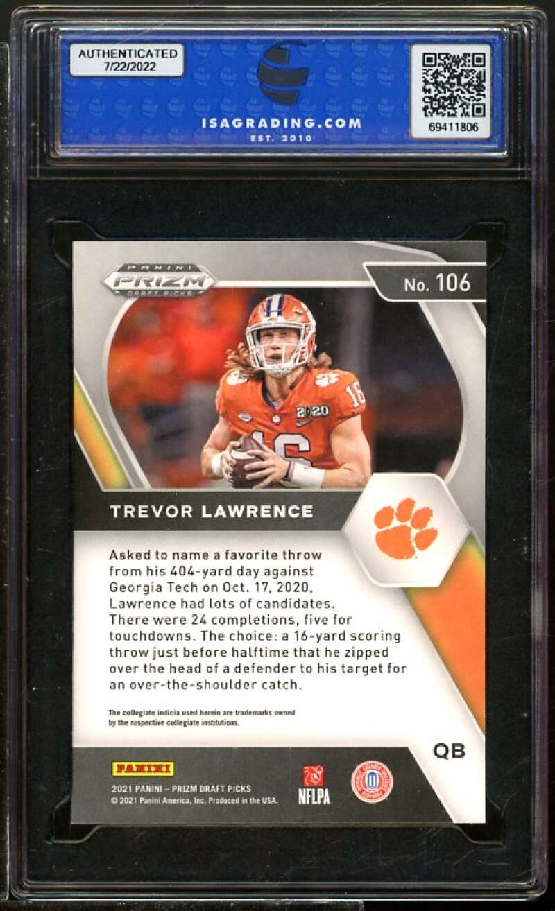 Trevor Lawrence Rookie Card 2021 Panini Prizm Draft Picks #106 ISA 9 MINT Image 2