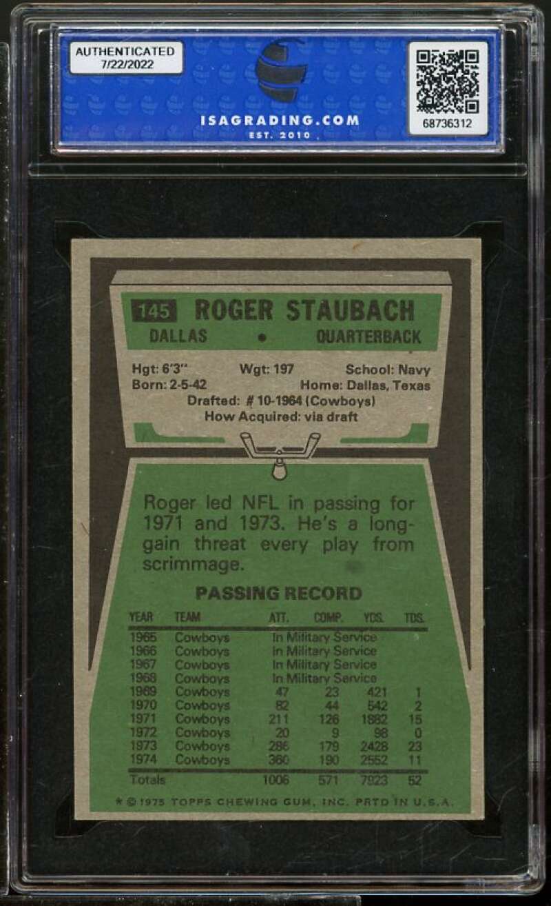 Roger Staubach Card 1975 Topps #145 ISA 7.5 NM+ Image 2