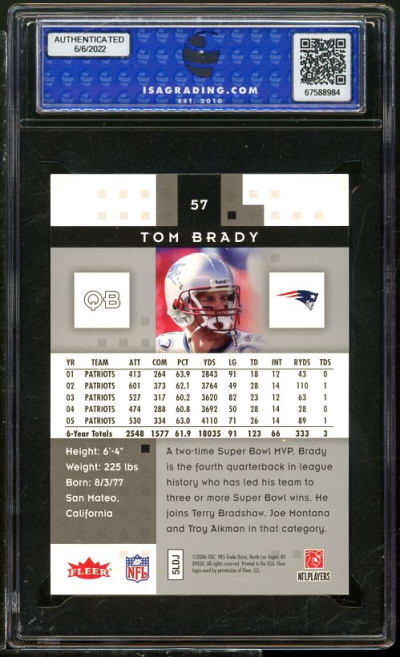 Tom Brady Card 2006 Fleer Hot Prospects #57 ISA 10 GEM MINT Image 2