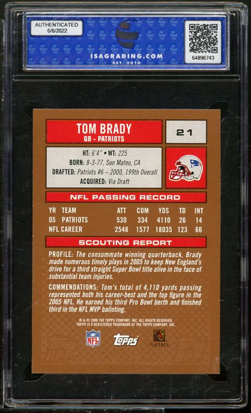 Tom Brady Card 2006 Topps D.P. Prospects #21 ISA 10 GEM MINT Image 2