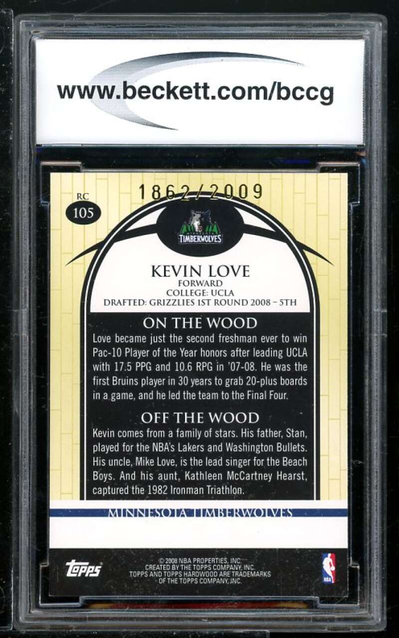 Kevin Love Rookie Card 2008-09 Topps Hardwood #105 BGS BCCG 9 Image 2