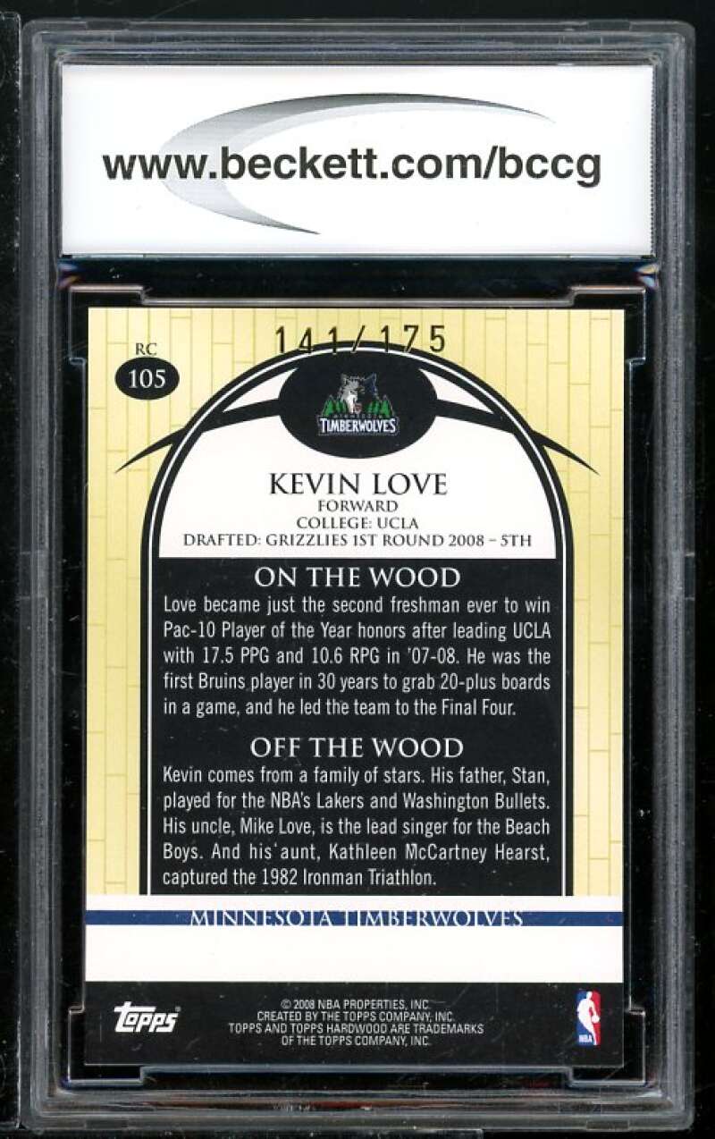 Kevin Love Rookie Card 2008-09 Topps Hardwood Maple #105 BGS BCCG 10 Image 2