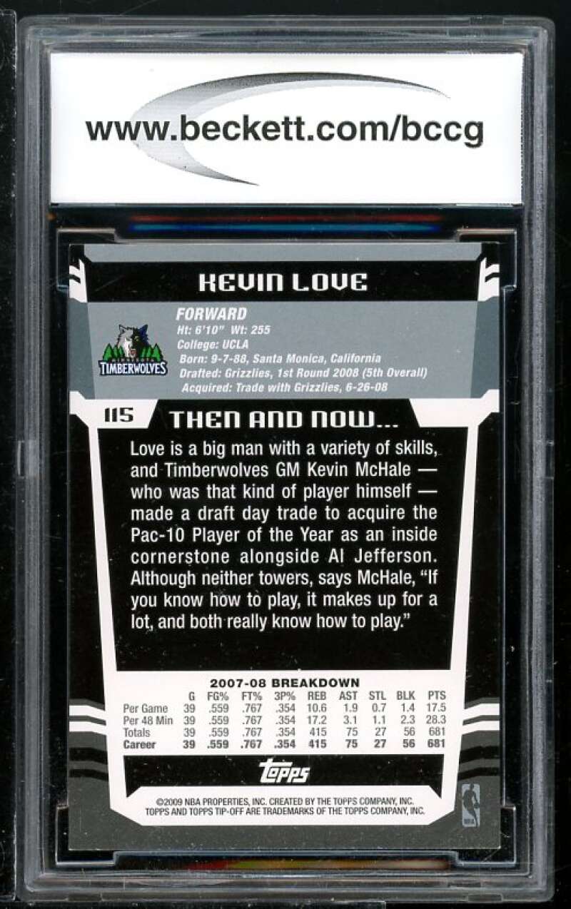 Kevin Love Rookie Card 2008-09 Topps Tip-Off #115 BGS BCCG 10 Image 2