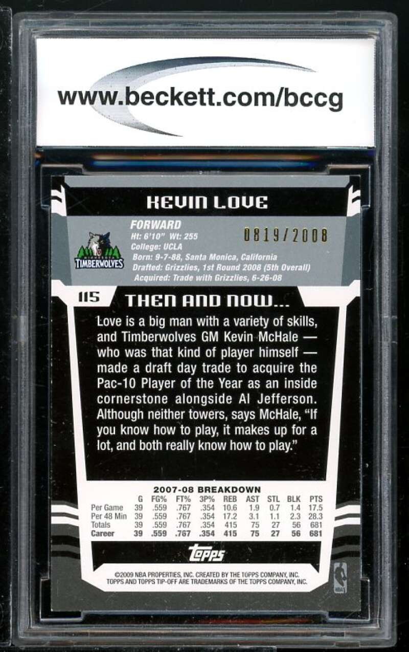 Kevin Love Rookie Card 2008-09 Topps Tip-Off Red #115 BGS BCCG 10 Image 2