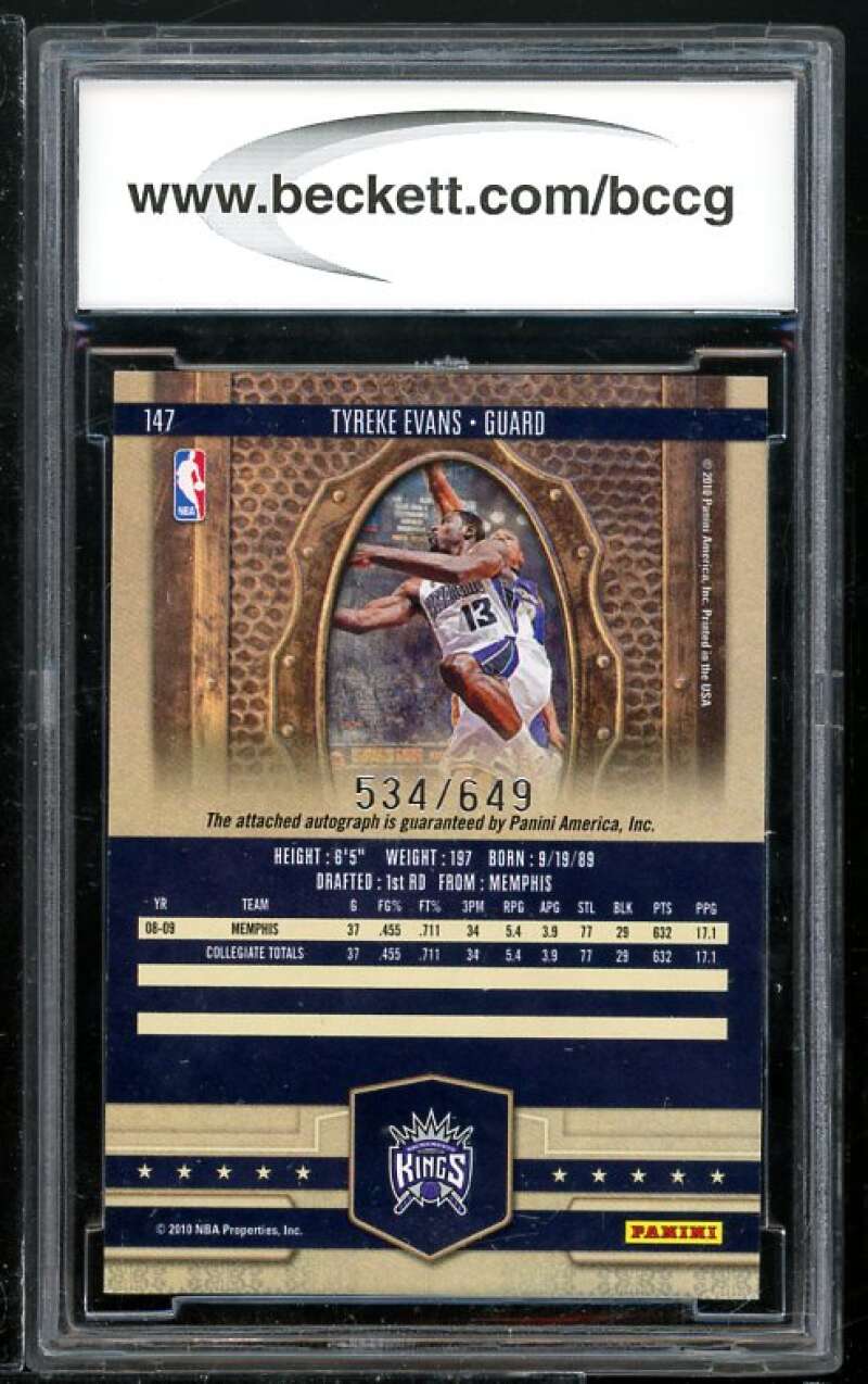 Tyreke Evans Rookie Card 2009-10 Court Kings Autograph #147 BGS BCCG 10 Image 2