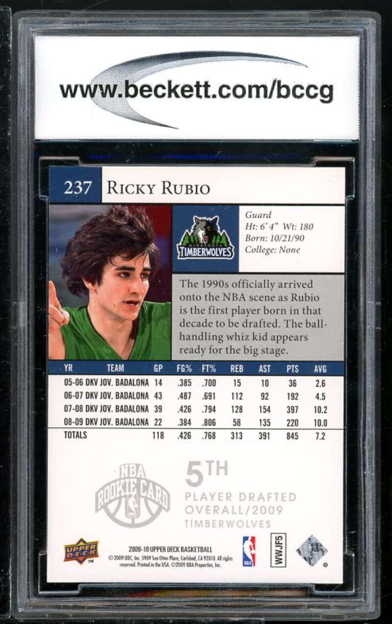 Ricky Rubio Rookie Card 2009-10 Upper Deck #237 BGS BCCG 9 Image 2