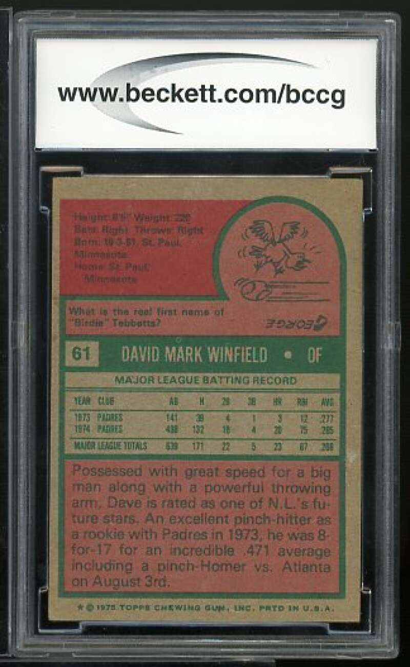 Dave Winfield Card 1975 Topps #61 BGS BCCG 8 Image 2