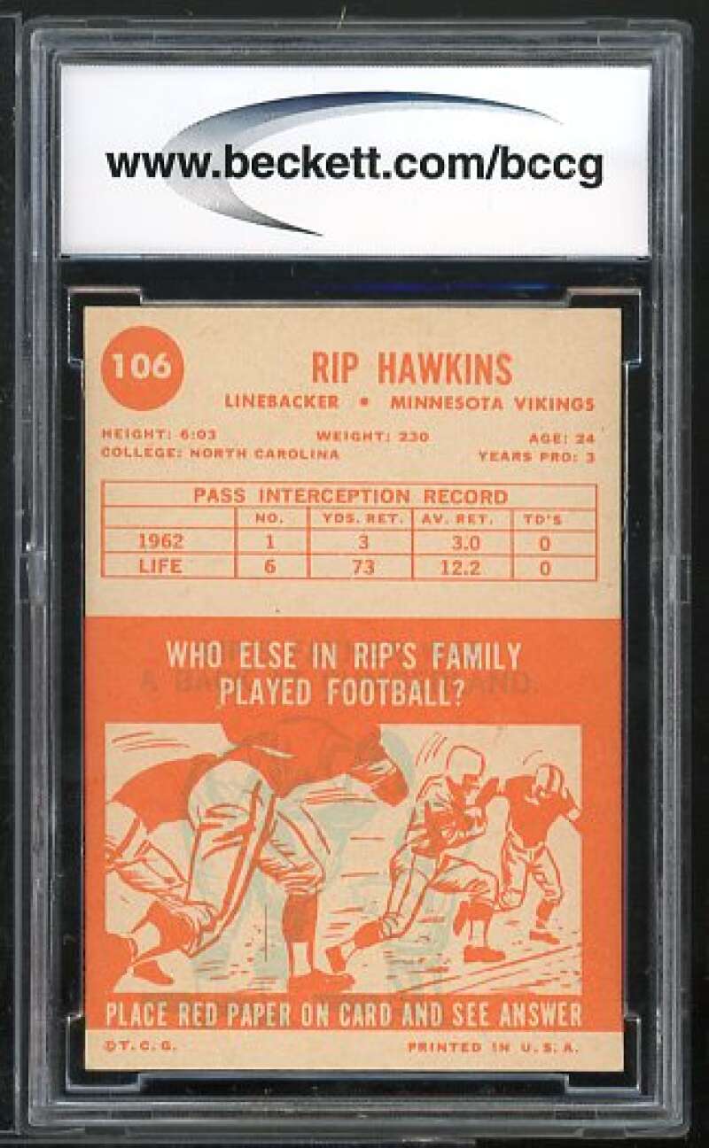 Rip Hawkins Card 1963 Topps #106 BGS BCCG 9 Image 2