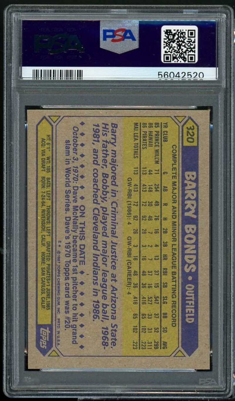 Barry Bonds Rookie Card 1987 Topps #320 PSA 8 Image 2