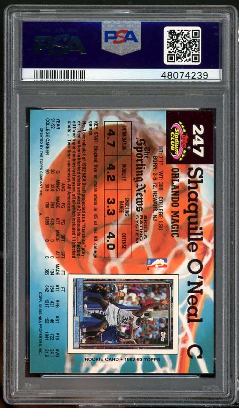 Shaquille O'Neal Rookie Card 1992-93 Stadium Club #247 PSA 8 Image 2