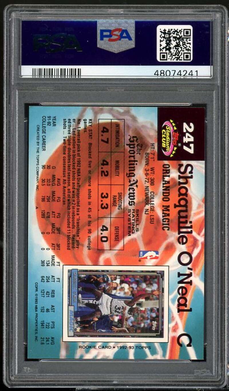 Shaquille O'Neal Rookie Card 1992-93 Stadium Club #247 PSA 8.5 Image 2