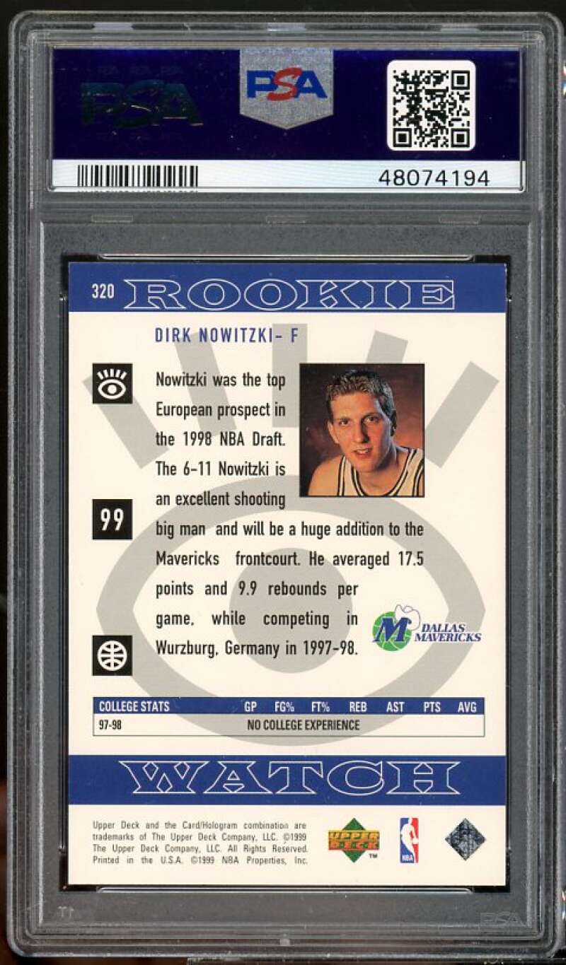 Dirk Nowitzki Rookie Card 1998-99 Upper Deck #320 PSA 8.5 Image 2