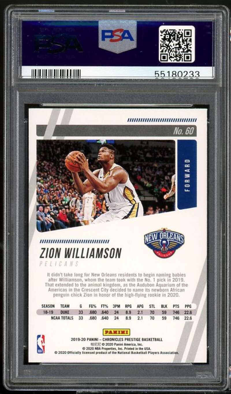 Zion Williamson Rookie Card 2019-20 Panini Chronicles #60 PSA 9 Image 2