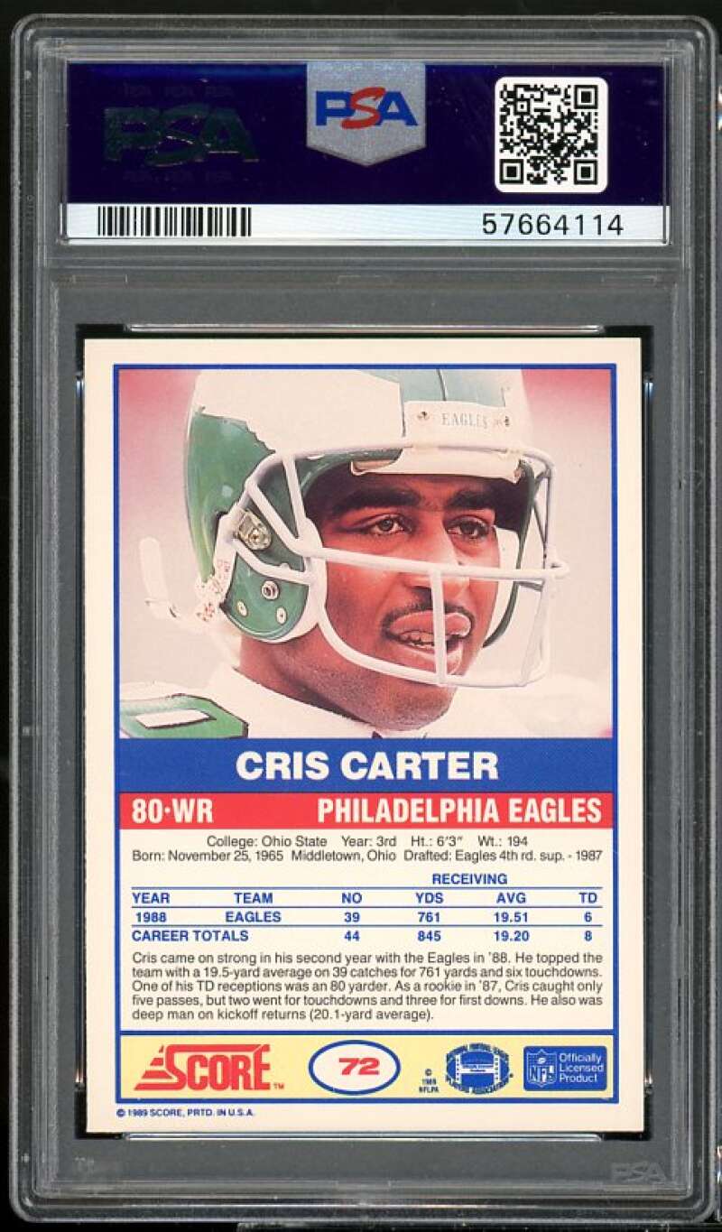 Cris Carter Rookie Card 1989 Score #72 PSA 9 Image 2