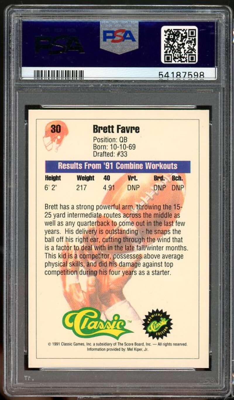 Brett Favre Rookie Card 1991 Classic #30 PSA 9 Image 2