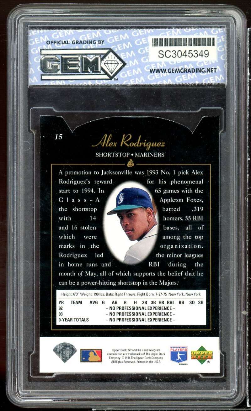 Alex Rodriguez Rookie Card 1994 SP Die Cuts #15 GEM GRADING 10 GEM MT Image 2