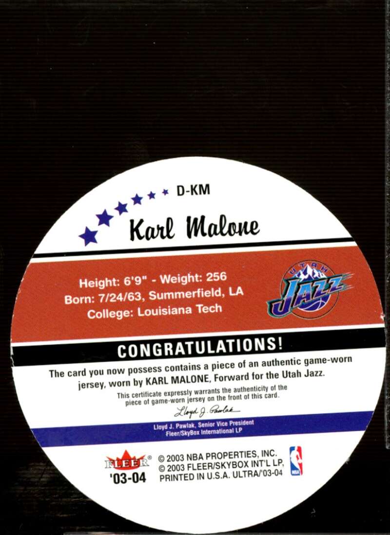 Karl Malone Card 2003-04 Ultra Roundball Discs Game Used #RDKM  Image 2