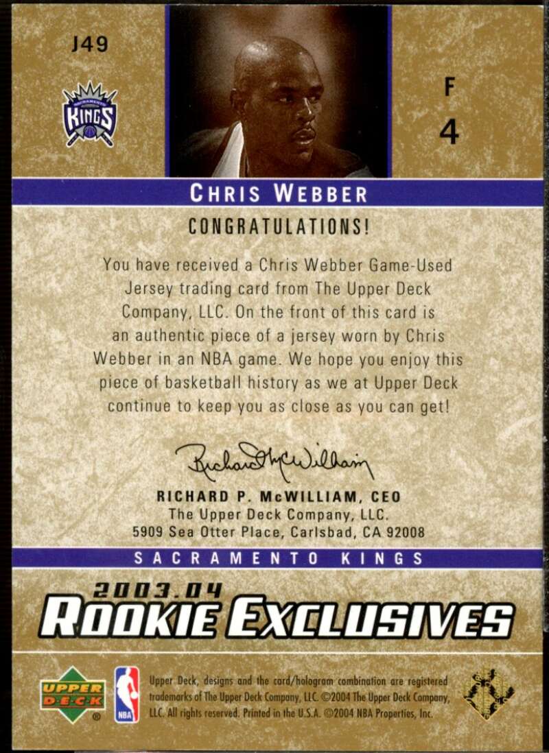 Chris Webber Card 2003-04 Upper Deck Rookie Exclusives Jerseys Variation #J49  Image 2