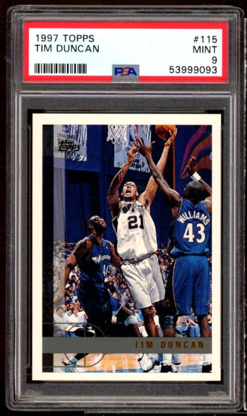 Tim Duncan Rookie Card 1997-98 Topps #115 PSA 9 Image 1