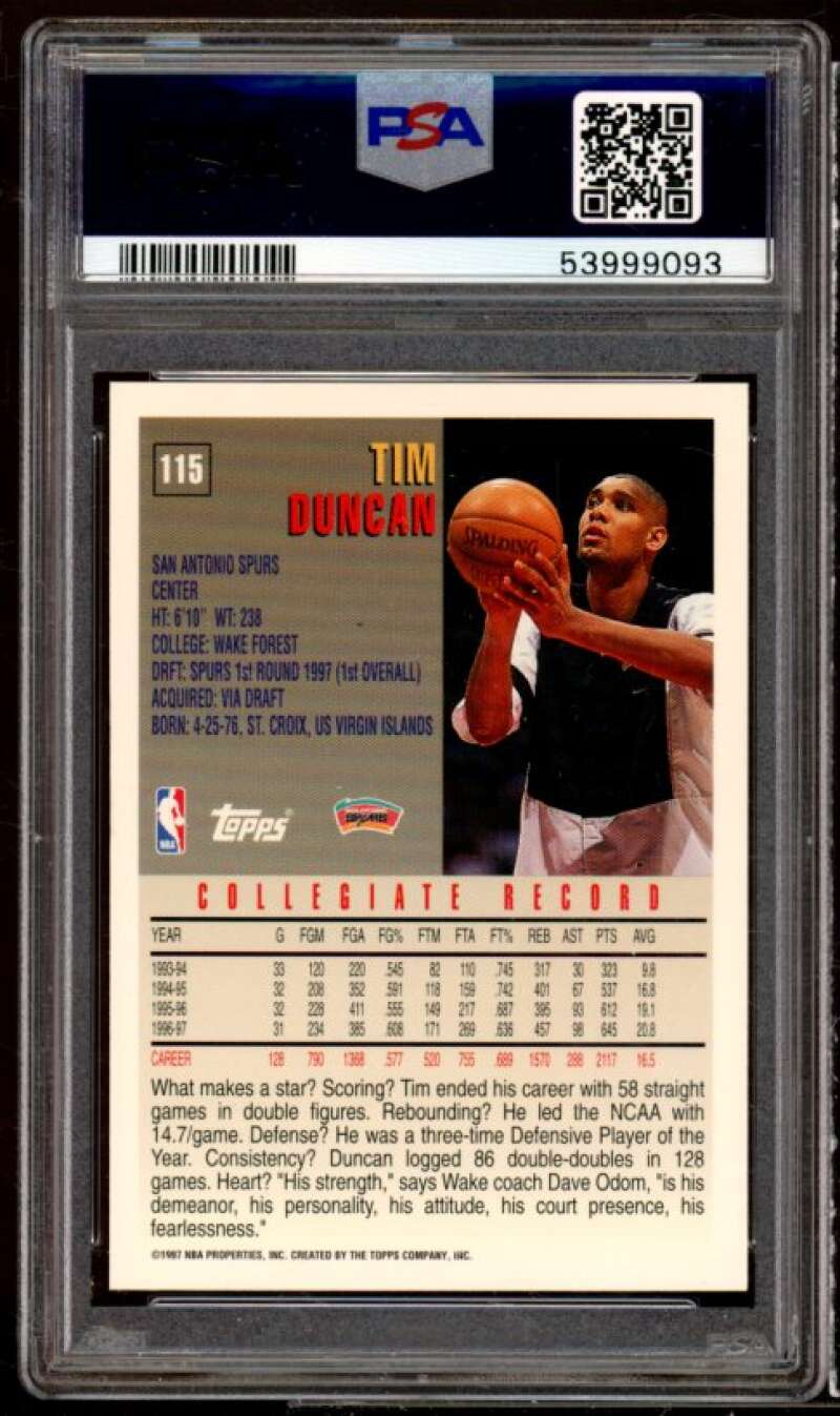 Tim Duncan Rookie Card 1997-98 Topps #115 PSA 9 Image 2