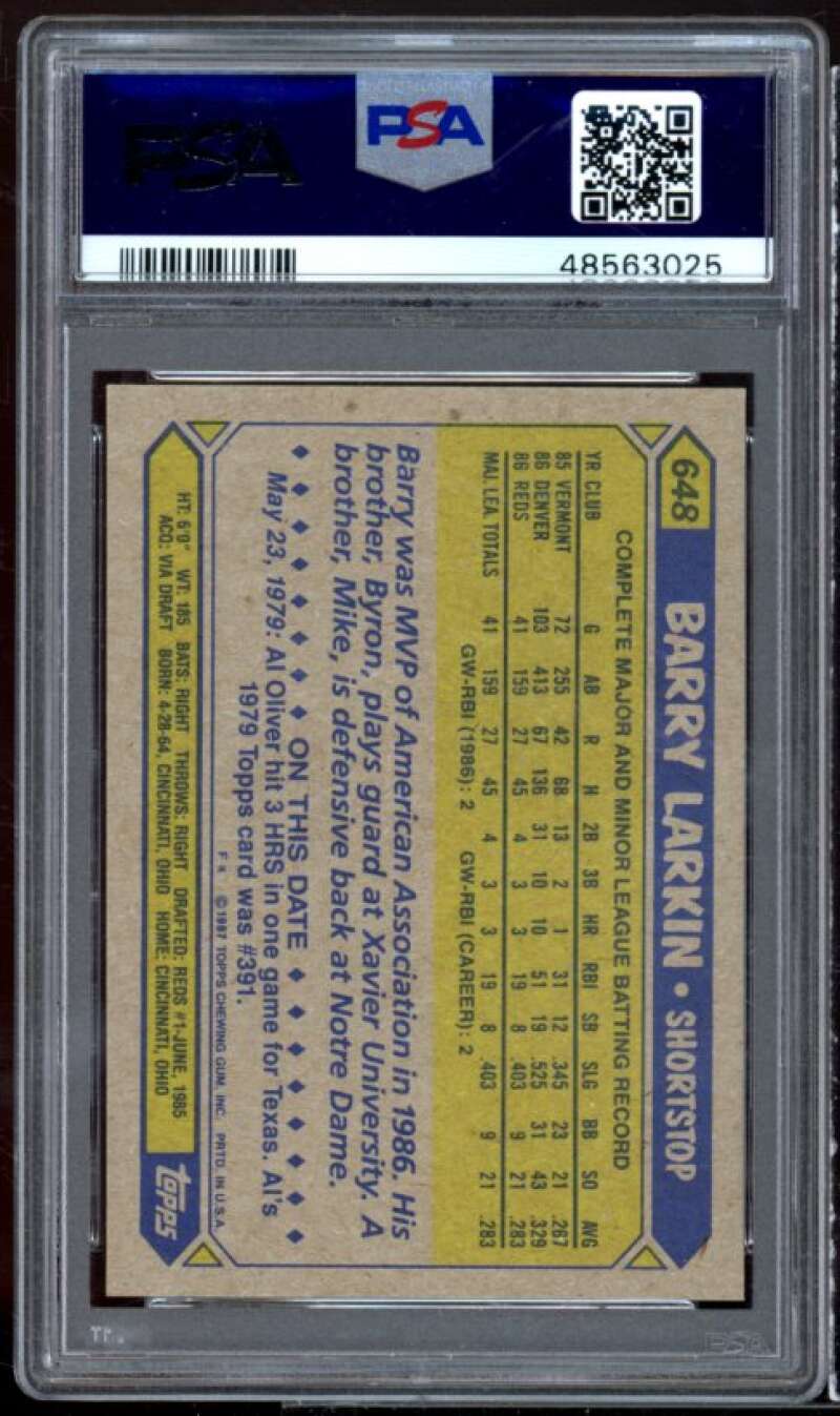 Barry Larkin Rookie Card 1987 Topps #648 PSA 9 Image 2