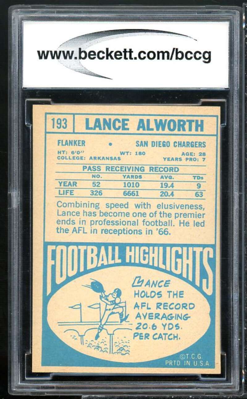 1968 Topps #193 Lance Alworth Card BGS BCCG 8 Excellent+ Image 2