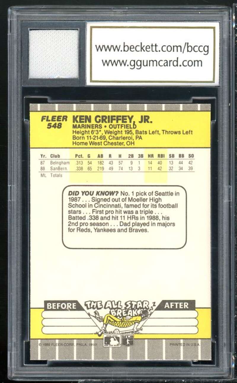 1989 Fleer Game Used Jersey #548 Ken Griffey Jr. Rookie Card BGS BCCG 10 Mint+ Image 2