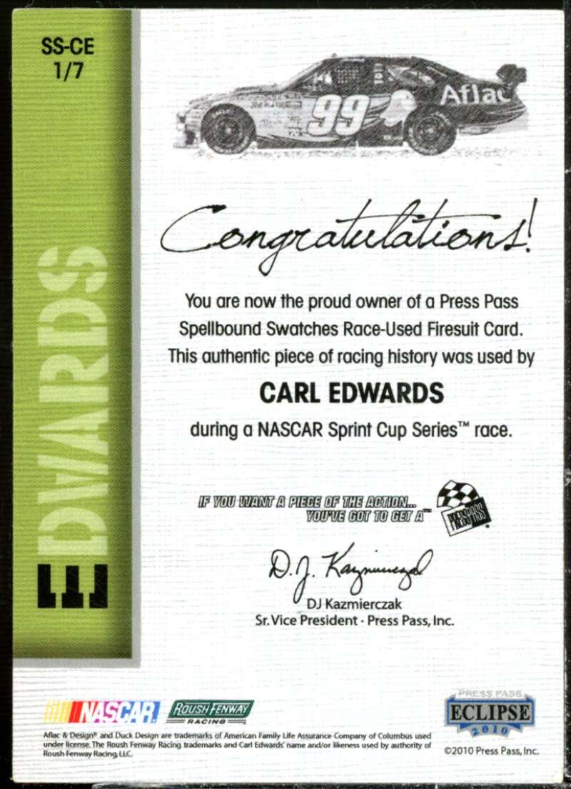 Carl Edwards E Card 2010 Press Pass Eclipse Spellbound Swatches Holofoil #SSCE1 Image 2