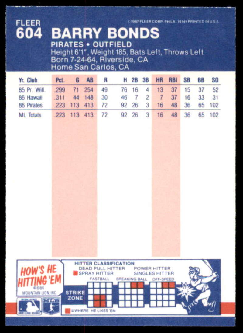 Barry Bonds Rookie Card 1987 Fleer #604  Image 2