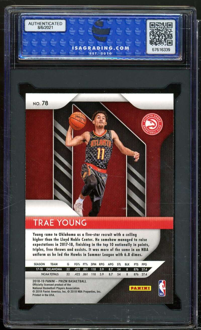 Trae Young Rookie Card 2018-19 Panini Prizm #78 ISA 10 GEM MT Image 2