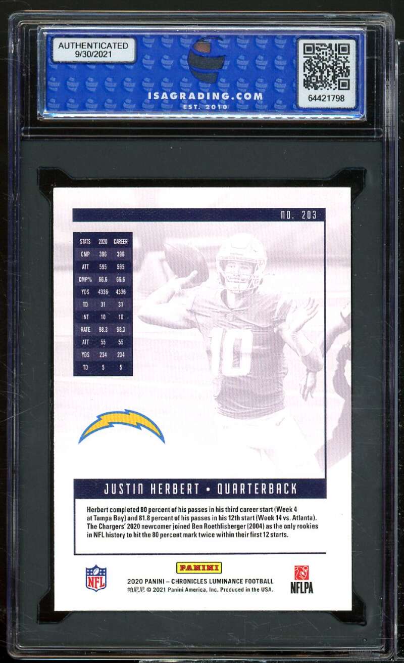 Justin Herbert Rookie 2020 Panini Chronicles Luminance Update #203 ISA 9 MINT Image 2