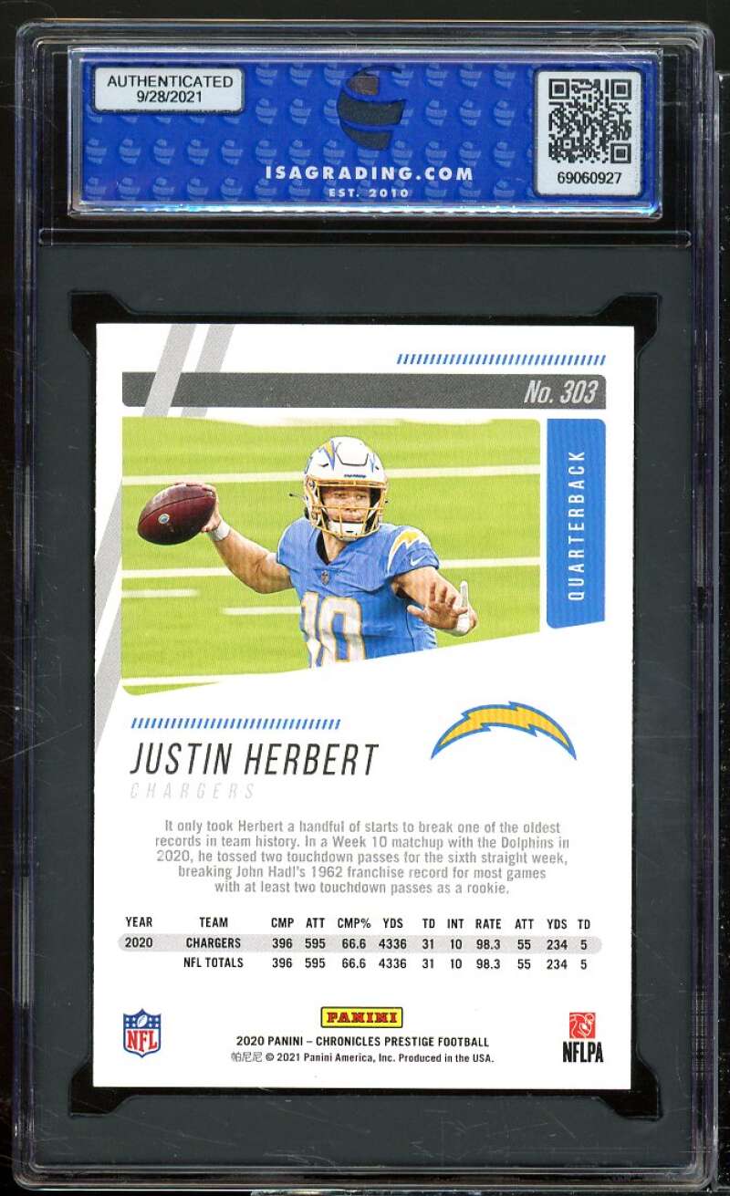 Justin Herbert Rookie 2020 Panini Chronicles Luminance Update #303 ISA 9 MINT Image 2