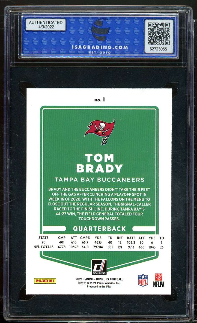 Tom Brady Card 2021 Panini Donruss #1 ISA 10 GEM MT Image 2