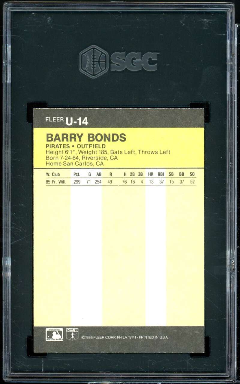 Barry Bonds Rookie Card 1986 Fleer Update #U-14 Image 2