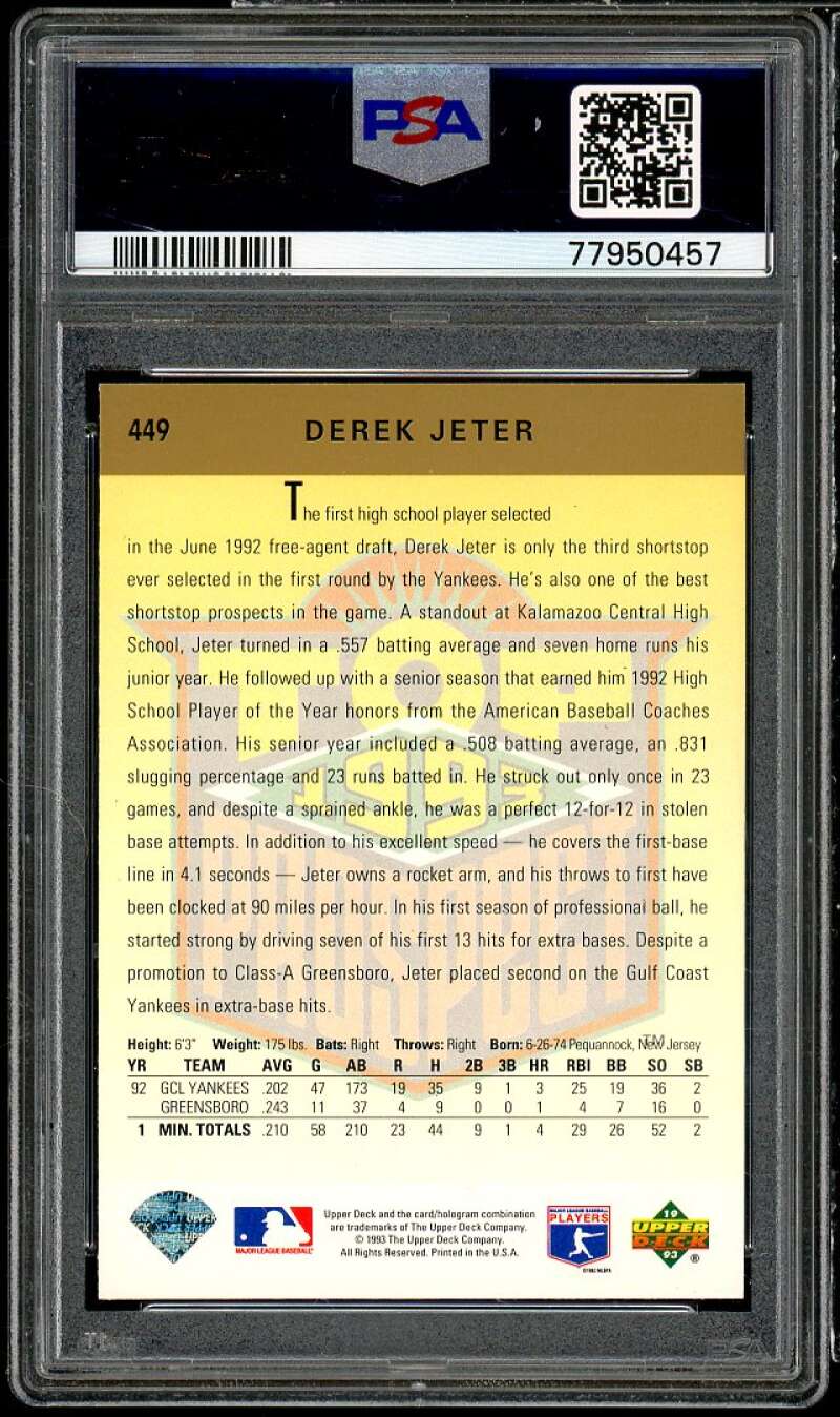 Derek Jeter Rookie Card 1993 Upper Deck #449 PSA 8 Image 2