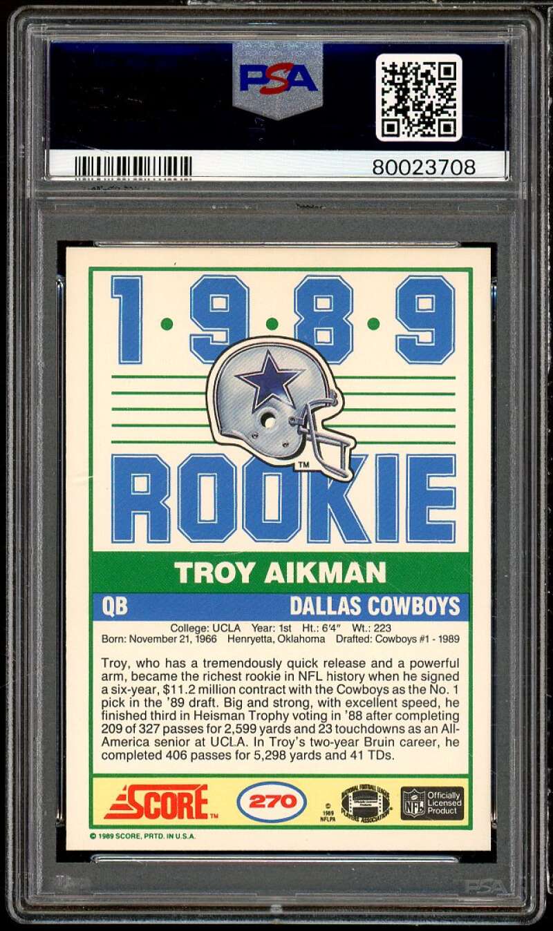 Troy Aikman Rookie Card 1989 Score #270 PSA 9 Image 2