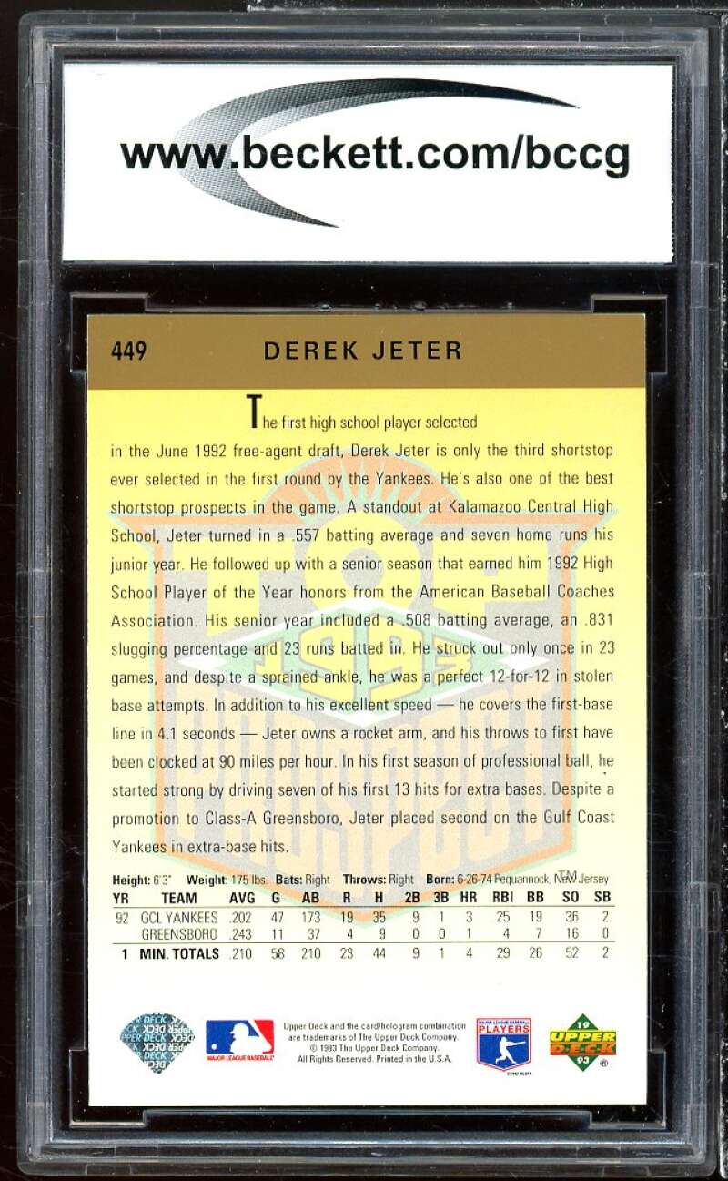 Derek Jeter Rookie Card 1993 Upper Deck #449 BGS BCCG 9 Image 2