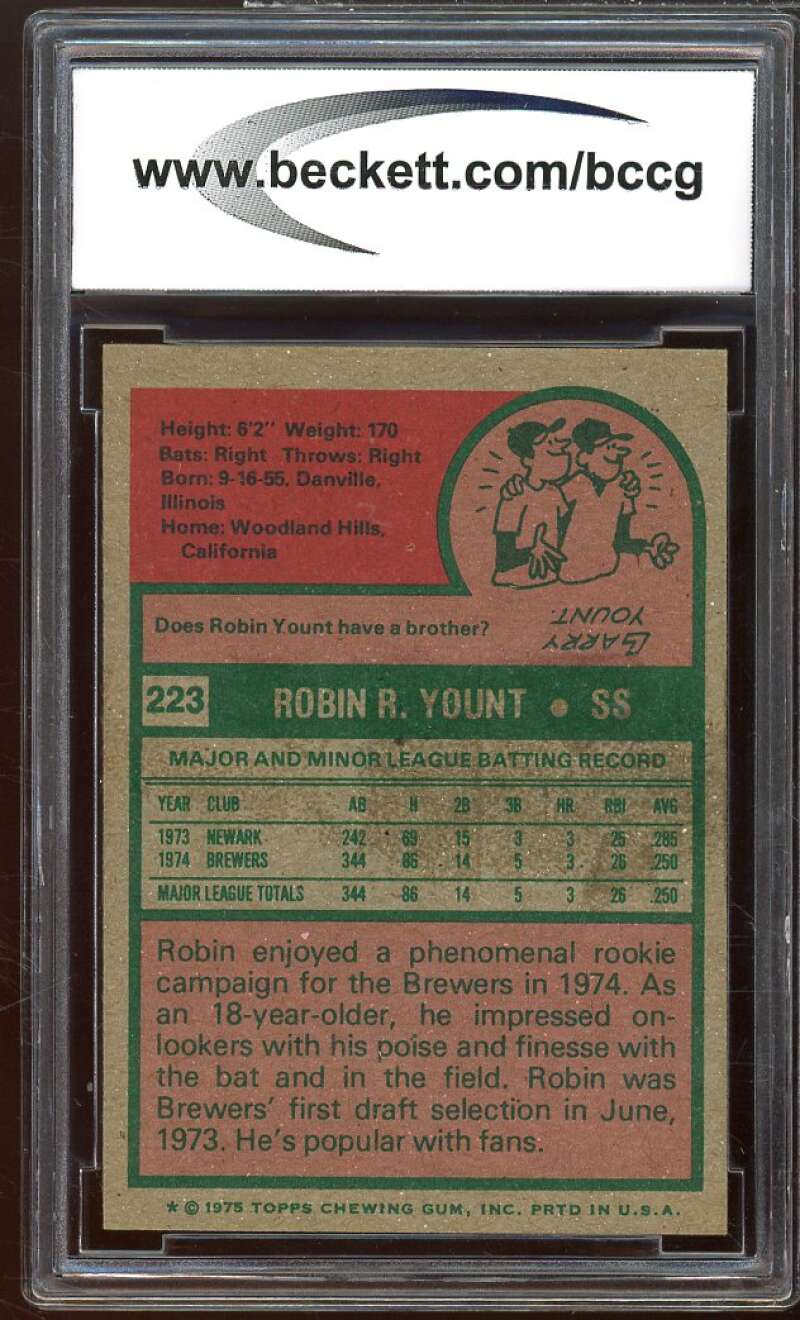 1975 Topps #223 Robin Yount Rookie Card BGS BCCG 8 Excellent+ Image 2