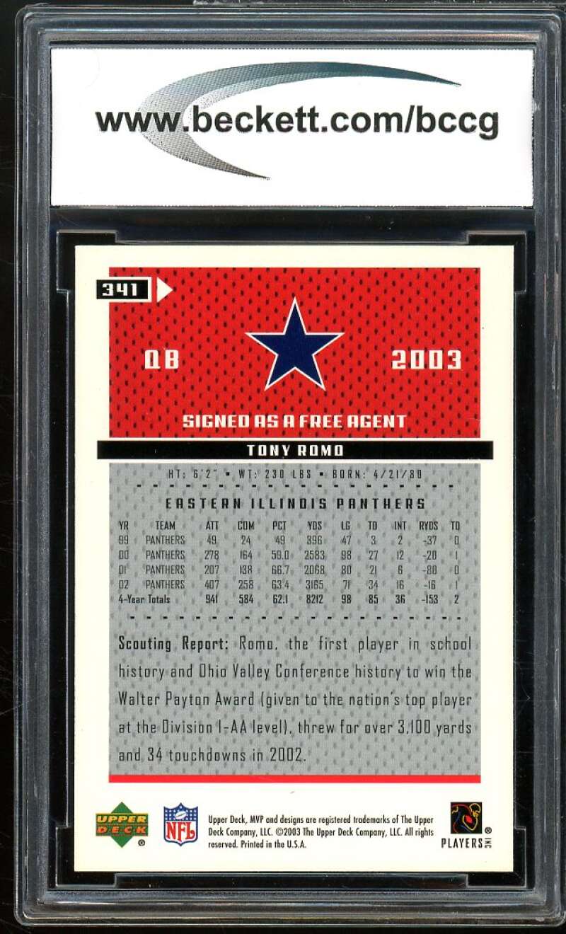 2003 Upper Deck MVP #341 Tony Romo Rookie Card BGS BCCG 10 Mint+ Image 2