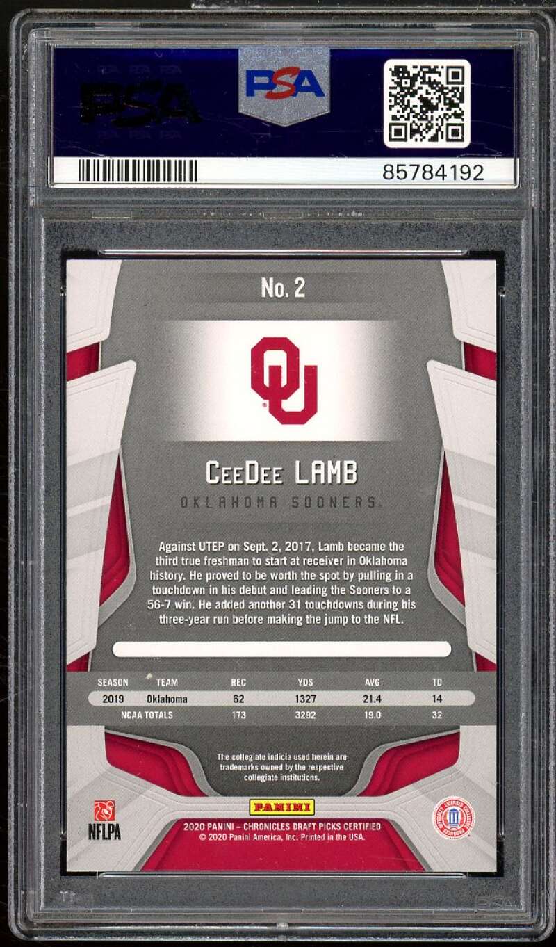 CeeDee Lamb Rookie Card 2020 Panini Chronicles DP Certified Mirror Blue #2 PSA 7 Image 2