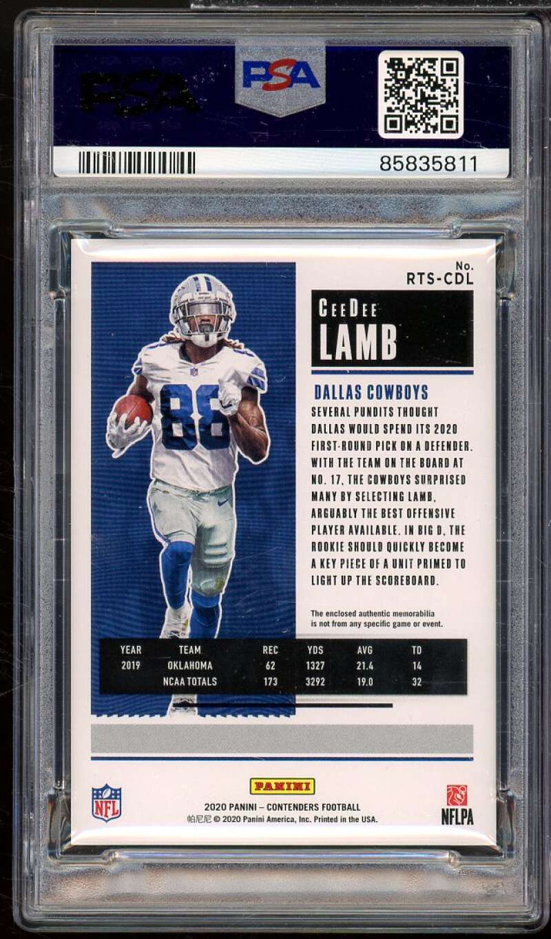 CeeDee Lamb Rookie Card 2020 Panini Contenders Rookie Ticket Swatches #CDL PSA 9 Image 2