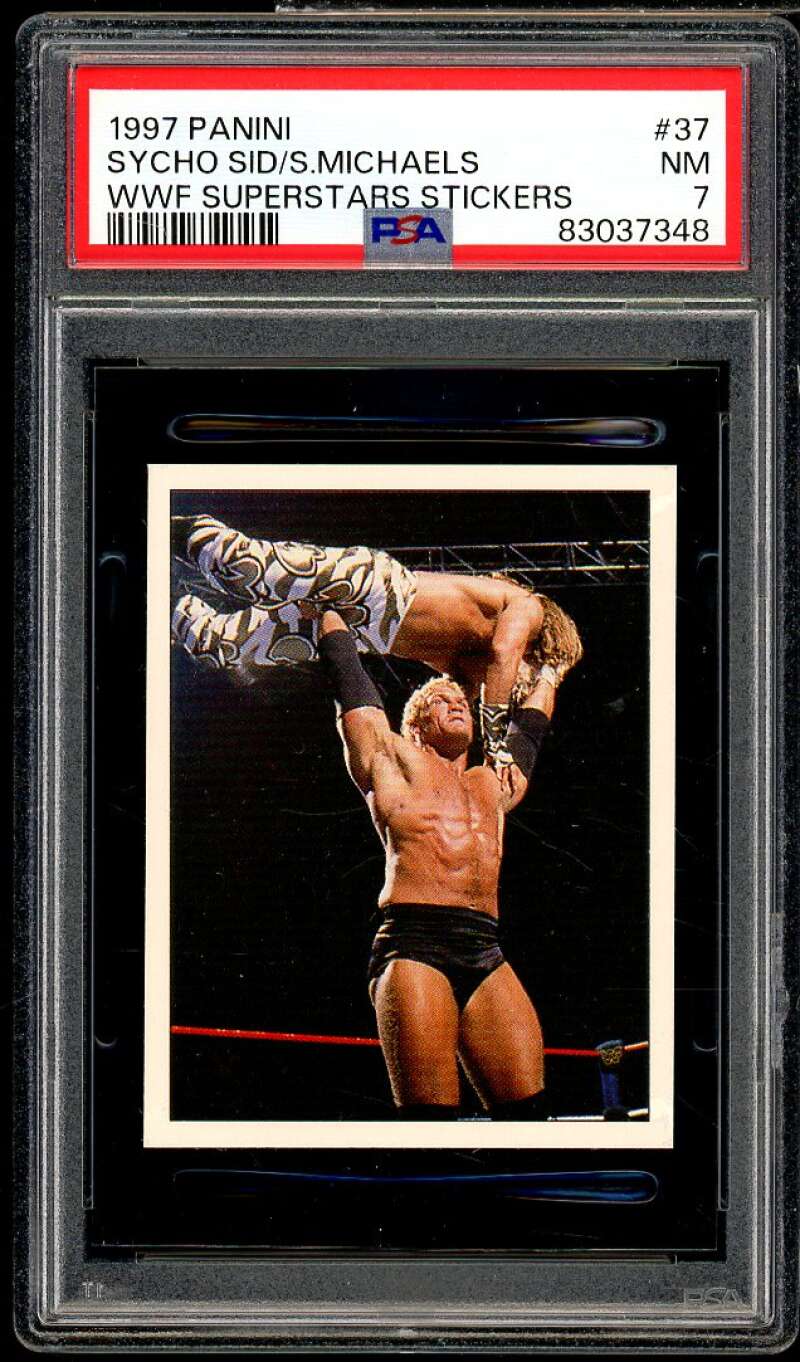 Sycho Sid/S. Michaels Card 1997 Panini WWF Superstars Stickers #37 PSA 7 Image 1