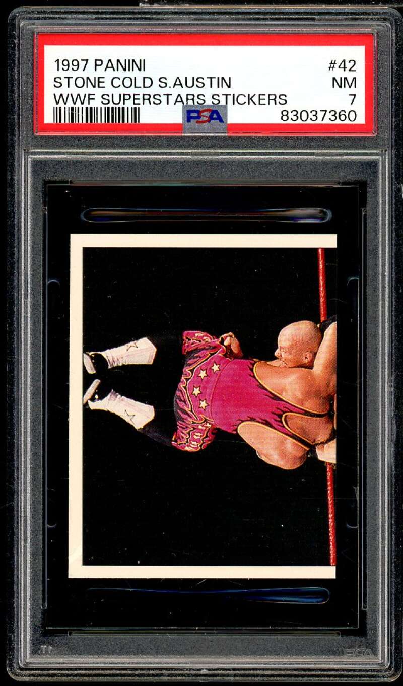 Stone Cold Steve Austin Card 1997 Panini WWF Superstars Stickers #42 PSA 7 Image 1