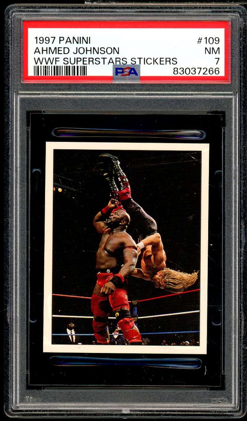 Ahmed Johnson Card 1997 Panini WWF Superstars Stickers #109 PSA 7 Image 1